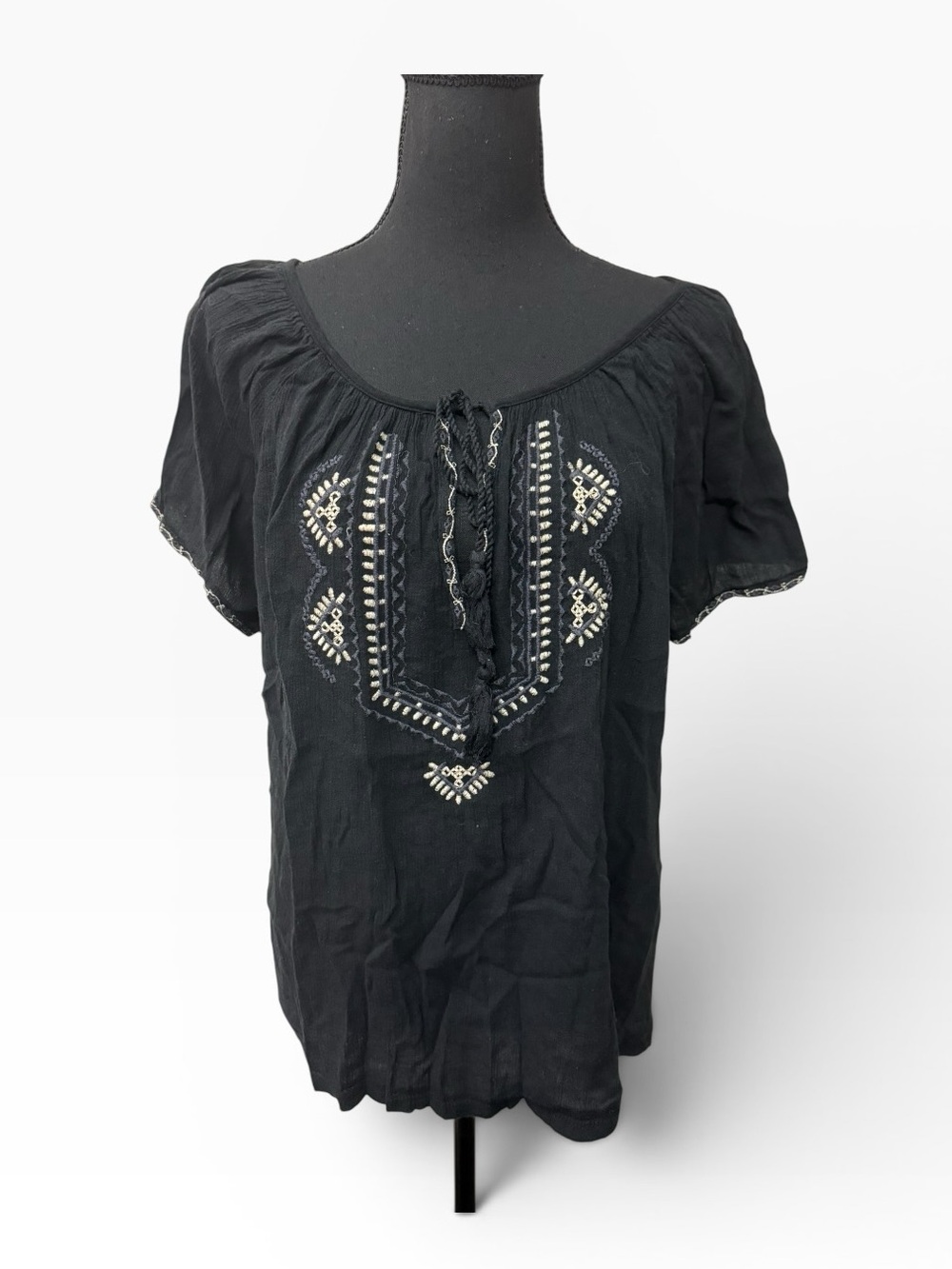 Lucky Brand Black Embroidered Peasant Boho Top Large Festival Chic Blouse